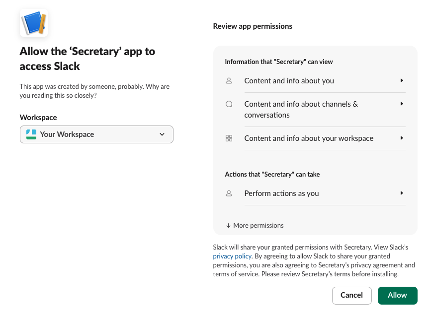 Slack's “Review app permissions” consent screen — click Allow