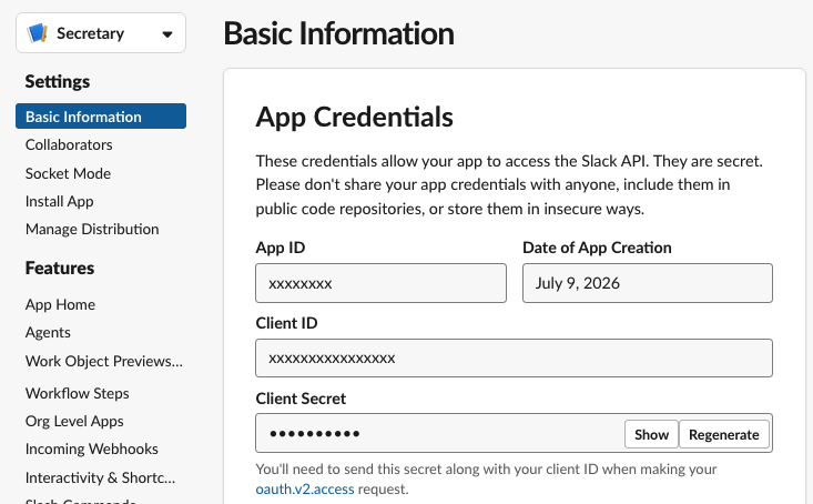 Slack Basic Information → App Credentials showing the Client ID and Client Secret