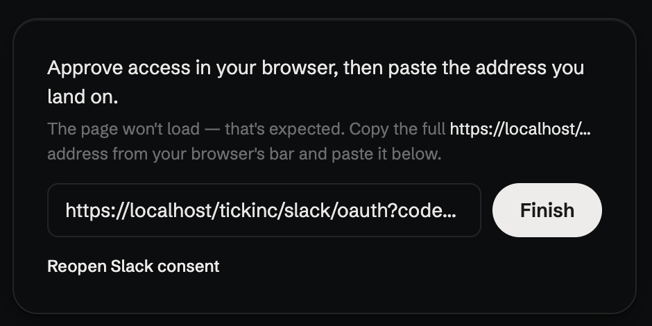 Secretary's “paste the redirected address” fallback step with the Finish button